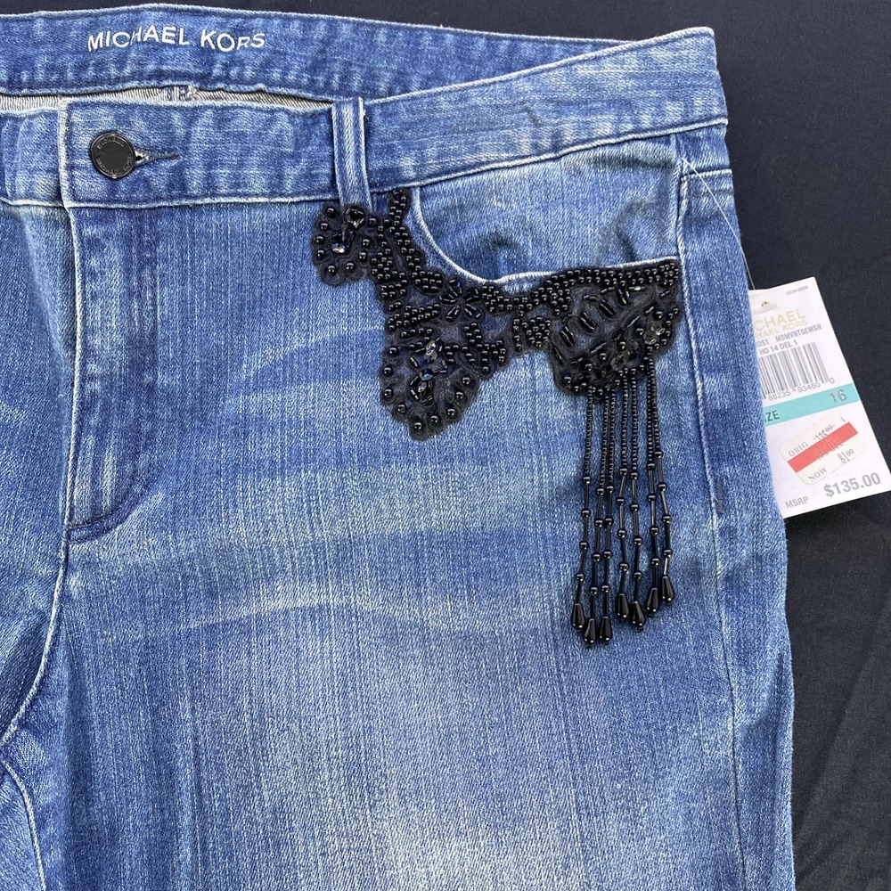 Michael Kors Blue Skinny Jeans Mid Rise Bead Embroidered Women's 16 Vintage Wash - Picture 4 of 15